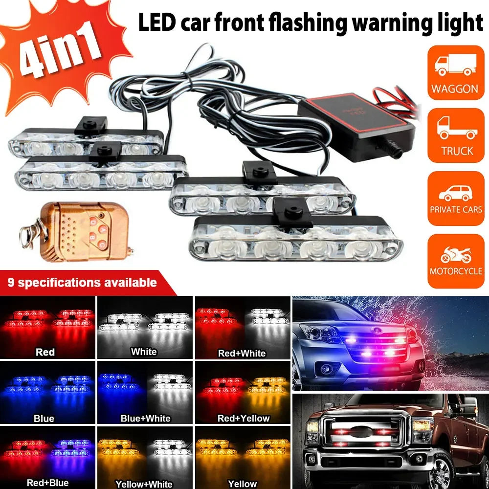 4 LED 4-in-1 Car Strobe Lights Ambulance Police Car Truck Flash Warning Lamp With Wireless RC Front Grille Caution Flasher Lamp