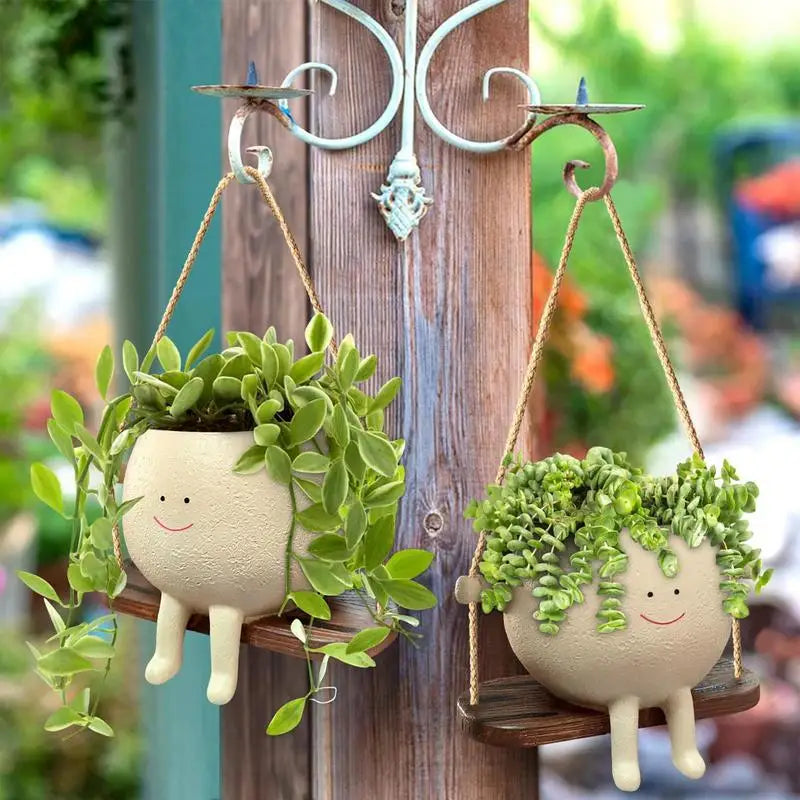 Swing Flower Pot Resin Smiling Face Planter Pot Creative Wall Hanging Planter For Indoor Outdoor Plants Gardening Accessories