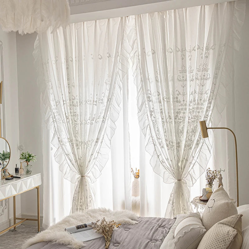 White Linen Sheer Embroidered Tulle Curtain for Girl Princess Bedroom French Romantic Ruffled Lace Voile Window Decoration Drape