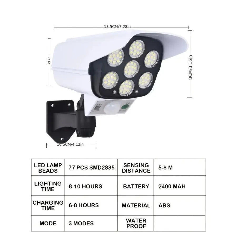 KDULIT Outdoor Solar Lights Motion Sensor 77 LED FloodLight Wireless Waterproof Dummy Fake Camera Courtyard Garage Street Light