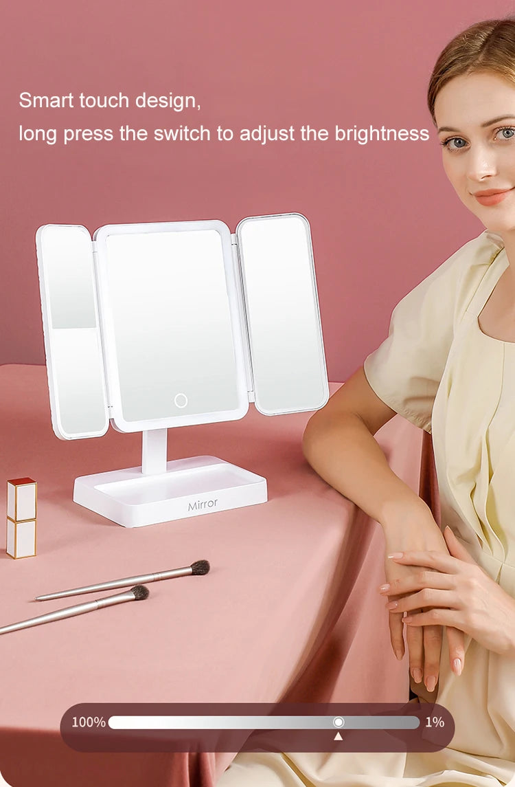 Tri-Fold LED Makeup Mirror 3 Tone Lights Portable Compact Desktop Vanity Mirror 2X/3X Magnifying Rotable Lighted Makeup Mirror