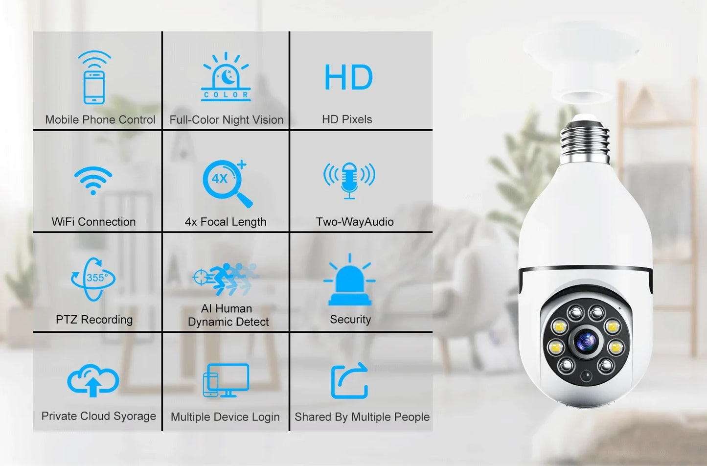 E27 Bulb Wifi Camera Full Color Night Vision House Surveillance Cameras Automatic Human Tracking 4X Zoom Indoor Security Monitor