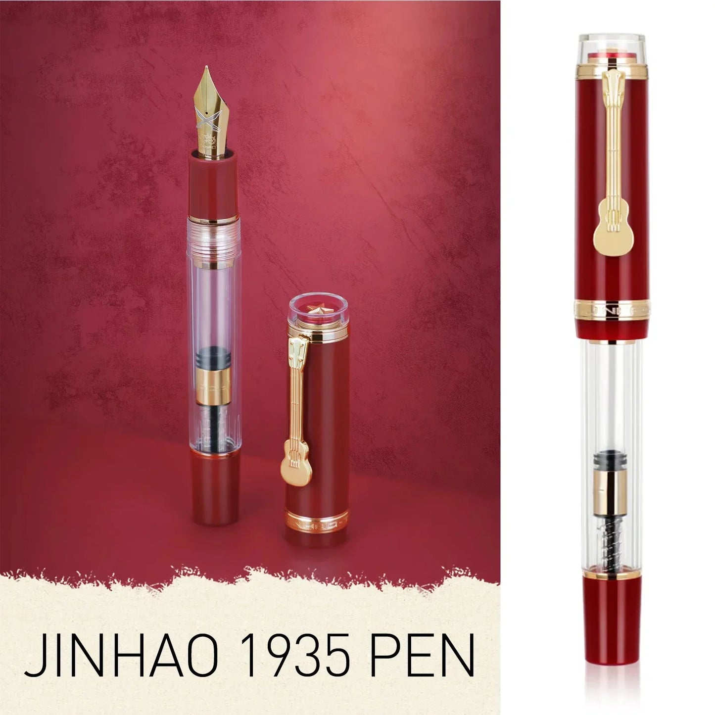 Jinhao 1935 TIANDAO Fountain Pen Guitar Clip 0.5/0.7MM Nib Transparent Red Luxury Writing Ink gift Pens Office School Stationary