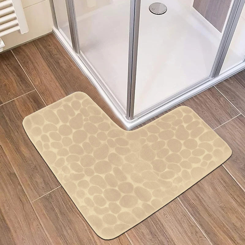 Cobblestone L-Shaped Bathroom Corner Mat Durable Water Absorption Low-Profile Floor Foot Mat Soft Non-slip Bath Mat Bathroom Rug