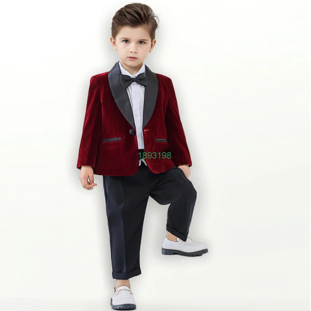 Boys Formal Velvet Suit Set Child Birthday Dress Wedding Party Photography Piano Recital Costume Kids Blazer Pants Bowtie Outfit