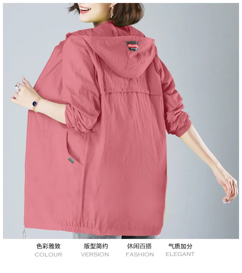 2024 Summer Thin Windbreaker Women Coat New Sunscreen Clothes Mid-Long Female Breathable Oversize Jacket Hooded Female Outerwear