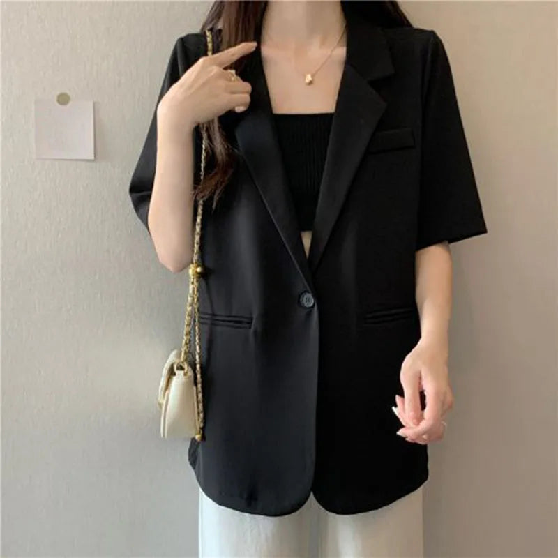 Thin Suit Jacket Women 2024 Summer Casual All Match Single Button Coat Woman Korean Style Loose Balck White Short Sleeve Jackets