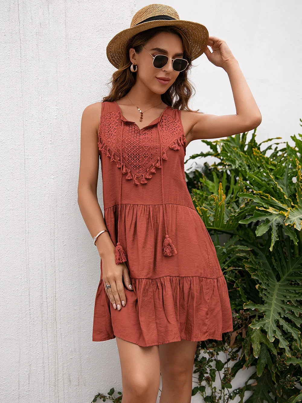 Casual Women Summer Tassel Lace High Waist Sleeveless Short Mini Dress Vestido de Mujer Solid Dresses Sundress Robe Fashion