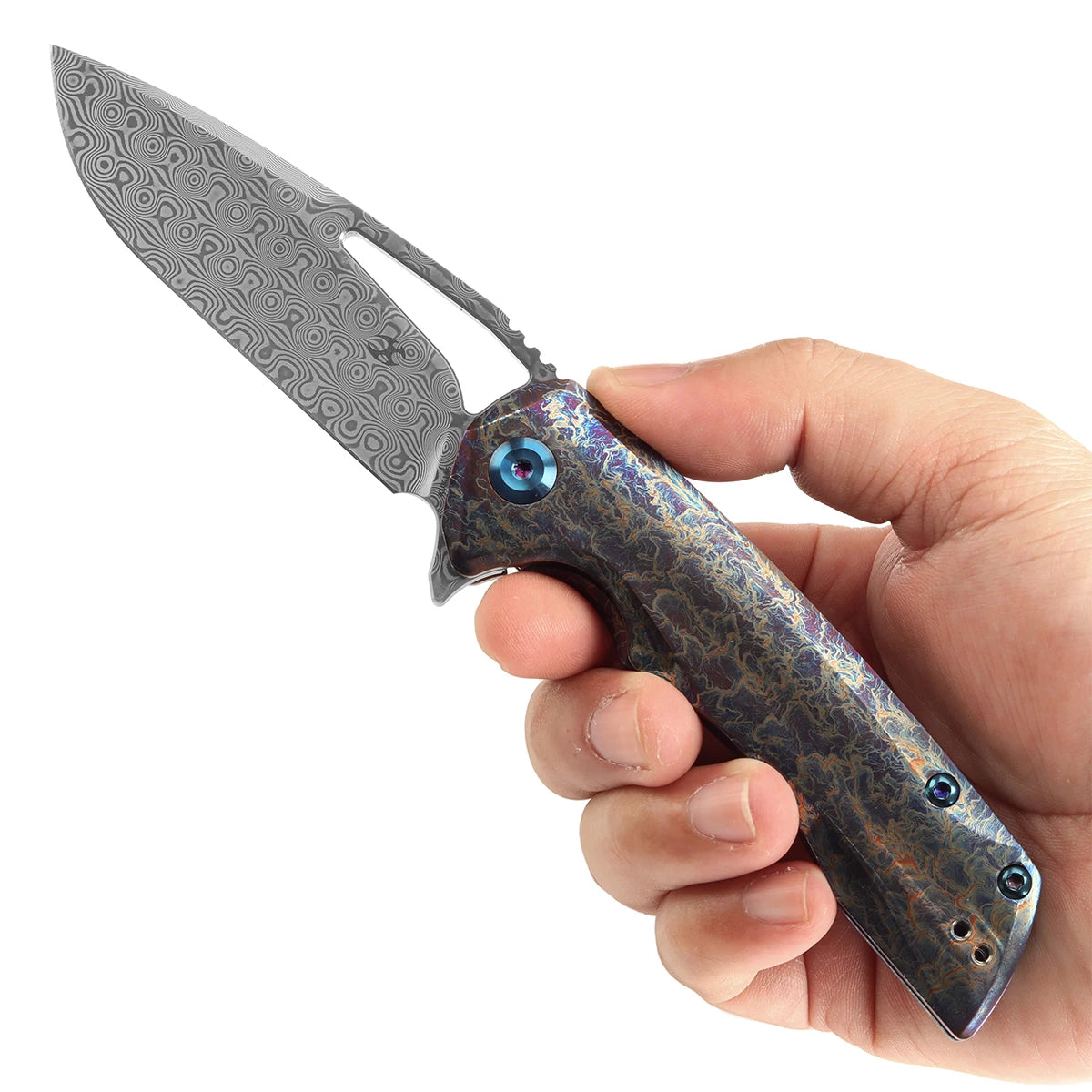 Kansept Kryo K1001A6 Folding Knife Kim Ning Designed 3.58'' Damascus with Titanium with Lightning Strike Finish Hunting Knife