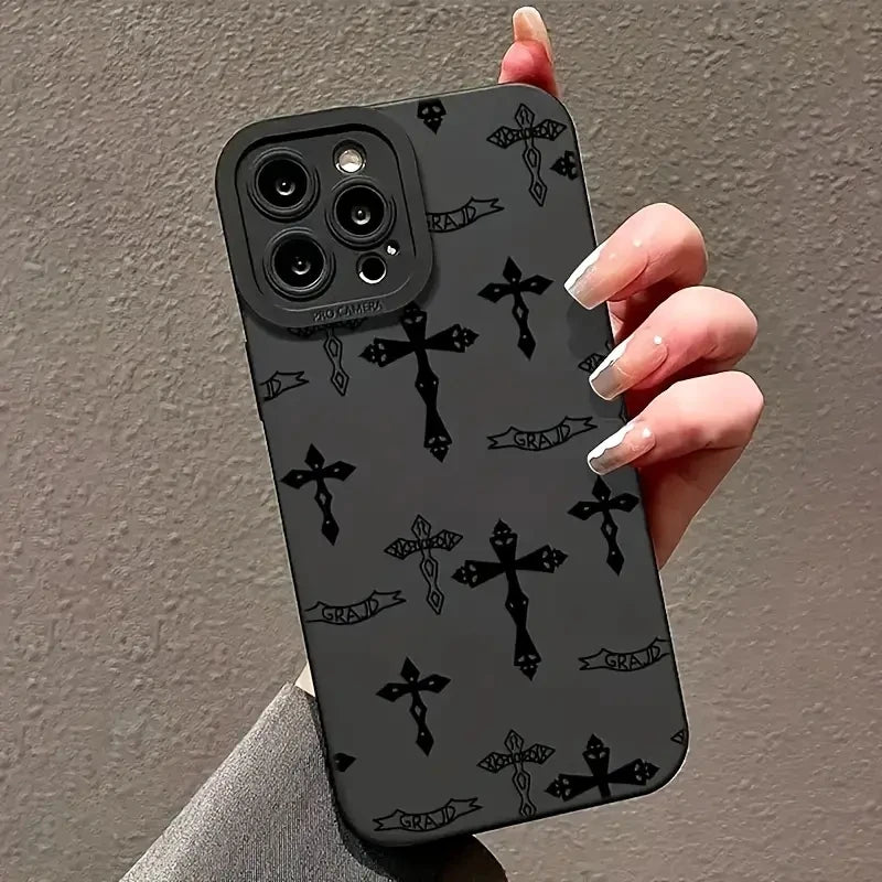 Phone Case For iPhone 16 15 14 11 12 13 Pro Max Mini 7 8 Plus X XR XS Max SE 2020 2022 Black Cross Print Shockproof Soft Cover