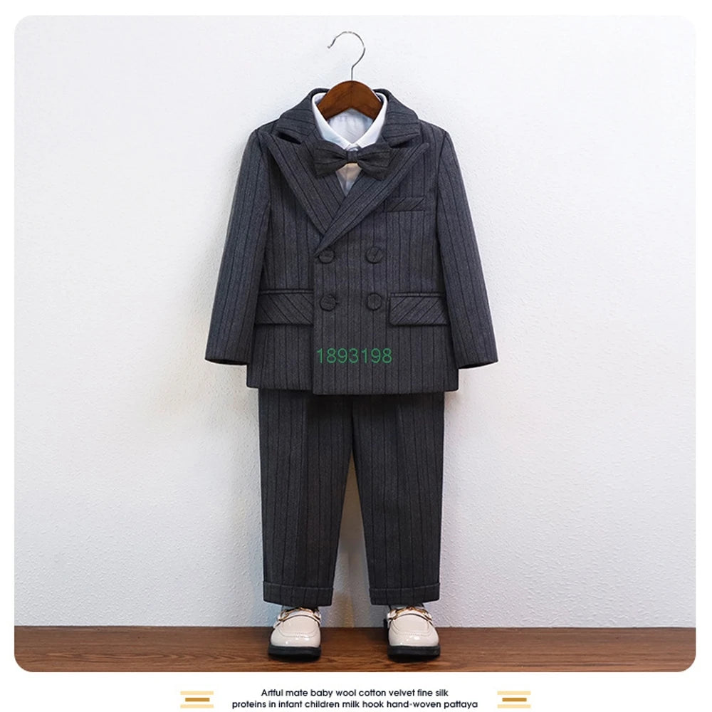 Children's Formal Striped Khaki 4pcs Suit Set Boys Hosting Speech Piano Performance Costume Kids Blazer Vest Pants Bowtie