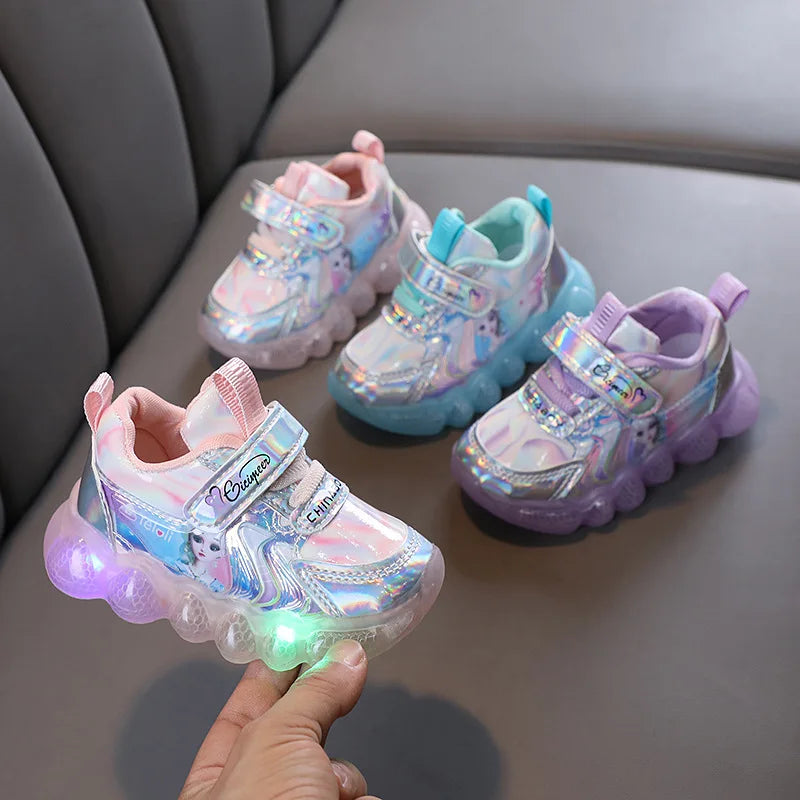 Princess Shoes Frozen Girls' LED Sneakers Children's lighting shoes Cartoon Cute Girl Learning Walking Casual Shoes