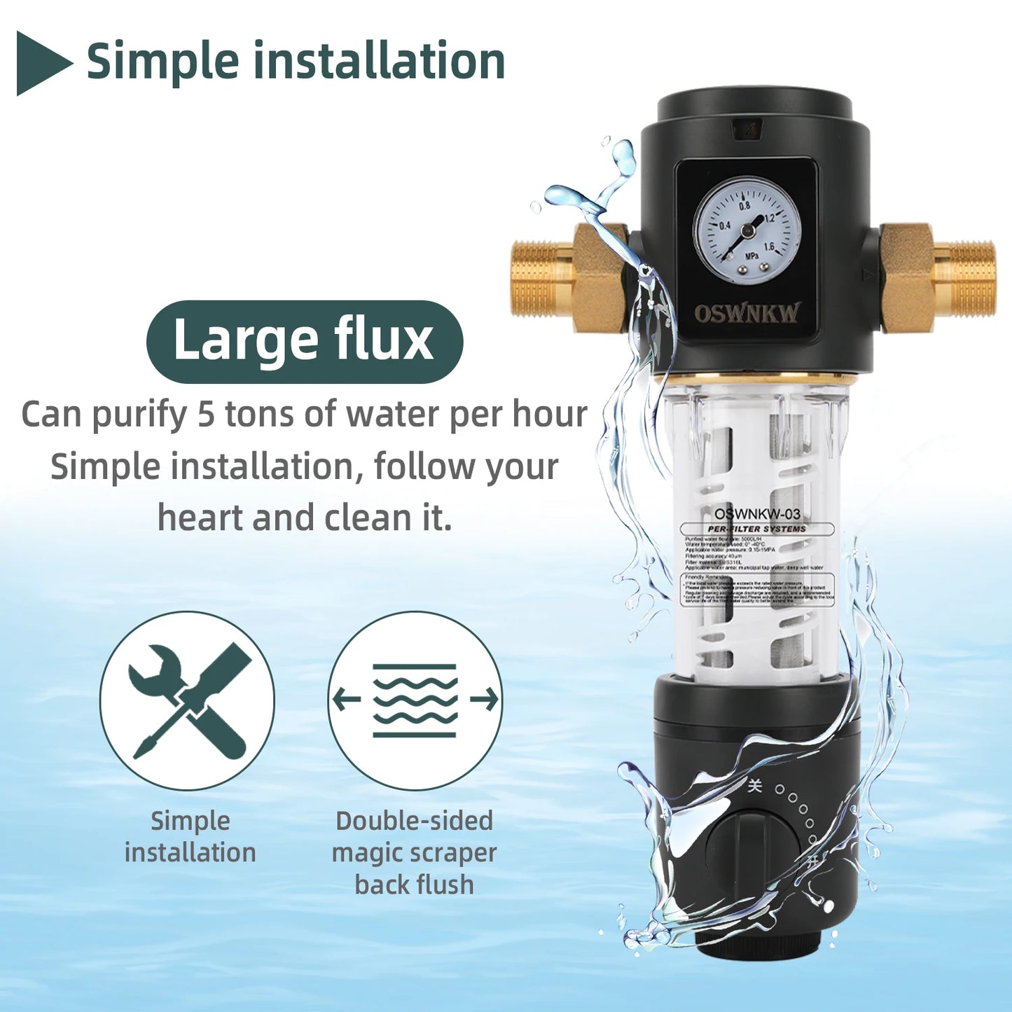 OSWNKW-03 Pre Filter Purifier Whole House Spin Down Sediment Water Filter Central Prefilter System Backwash Stainless Steel Mesh