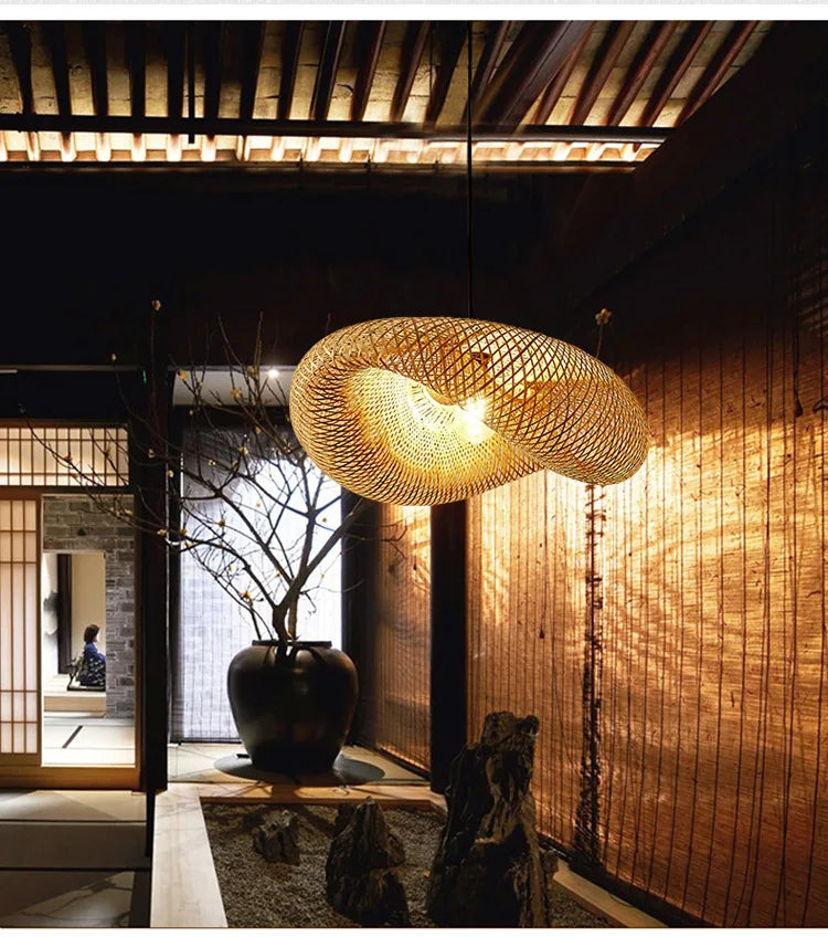 ZK30 Bamboo Weaving Chandelier Lamp 60/50/40cm Hanging LED Ceiling Light Pendant Lamp Fixtures Rattan Woven Home Bedroom Decors