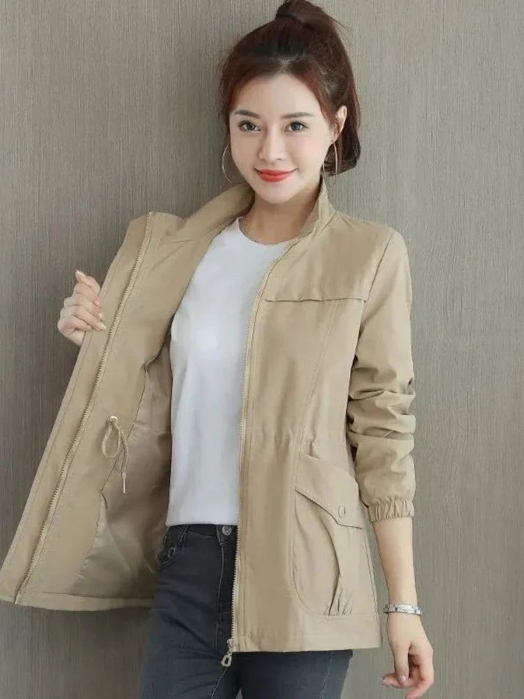 Women's Short Jacket 2023 Spring Autumn New Casual Windbreaker Stand Collar Tooling Jacket Basic Zipper Coat Tops With Lining