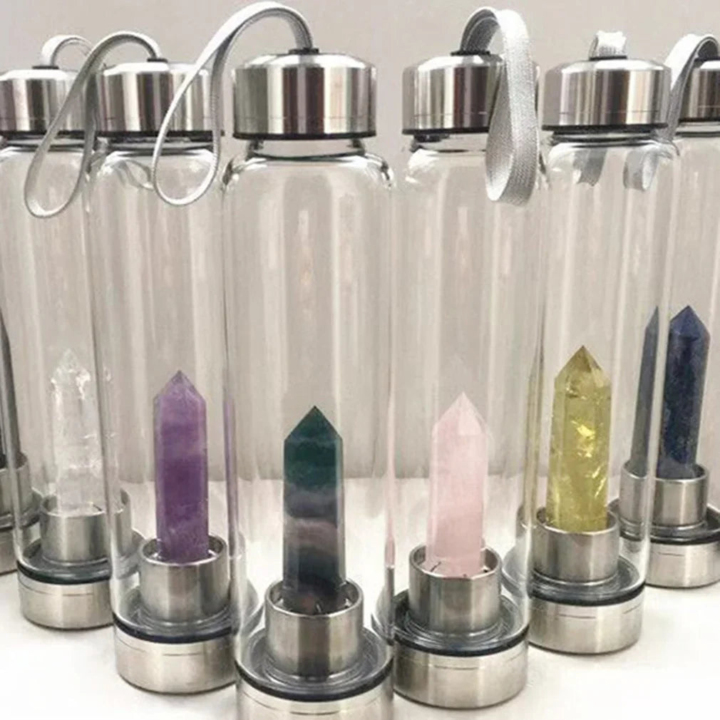 Water Bottle Natural Crystal Stone Diamond Point Healing Obelisk Wand Healing Elixir Quartz Crystal Gem Colors Rope Gemstone Cup