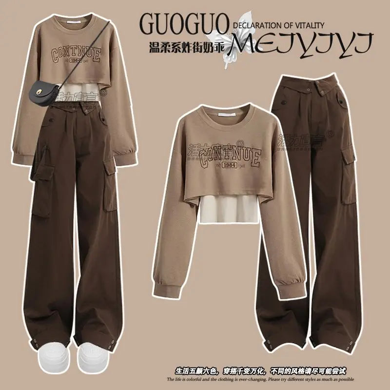 Autumn Wear Women's Set 2024 New Korean Edition Round Neck Top with Hanging Strap Work Pants Three Piece Set Clothes for Women