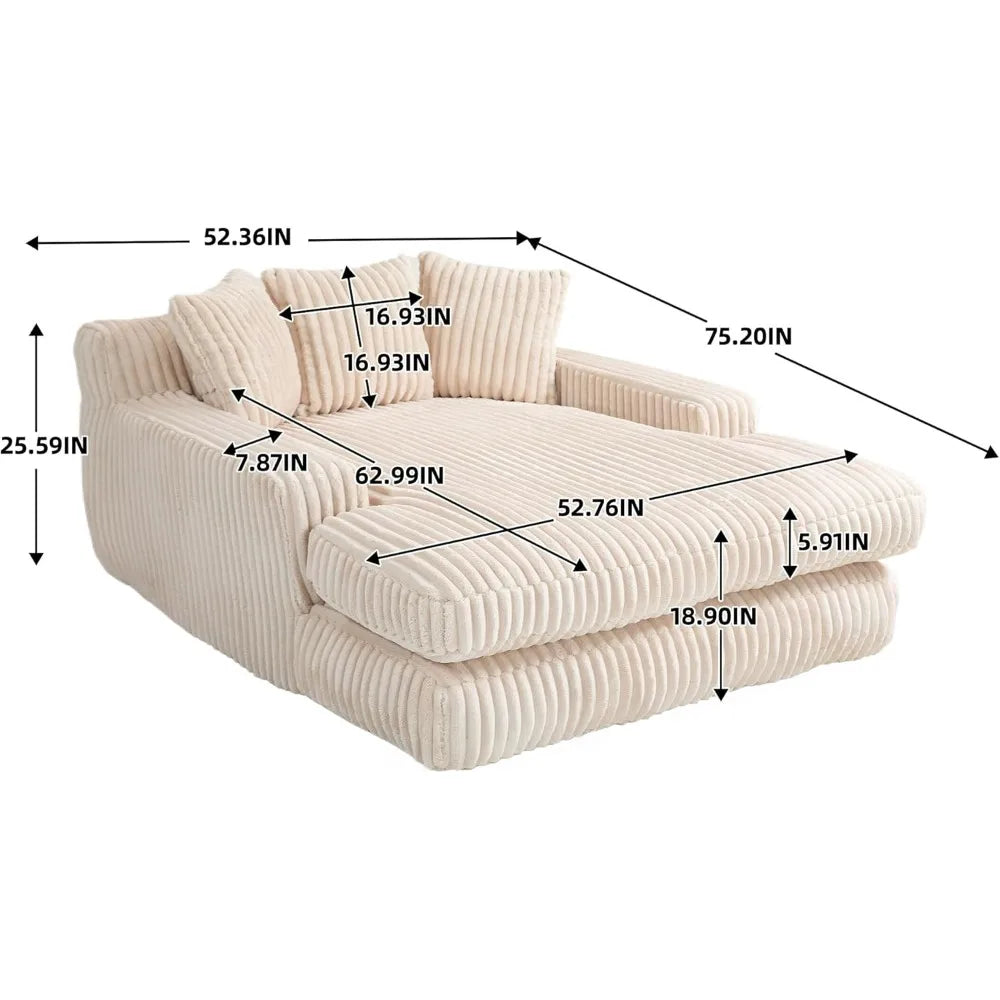 75" Oversized Chaise Lounge Chair Indoor, Corduroy Upholstered Sofa Couch with Throw Pillows, Comfy Sleeper Chair with Deep Seat