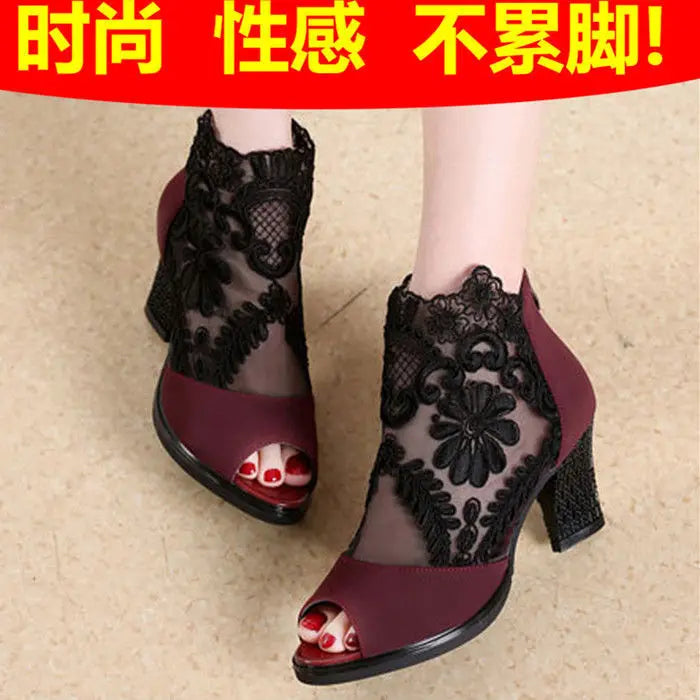 Women's Sandals Fish Mouth Shoes Mid-heel Large Size Women's Shoes Breathable Women's Shoes Lace Mesh High Heels 2023