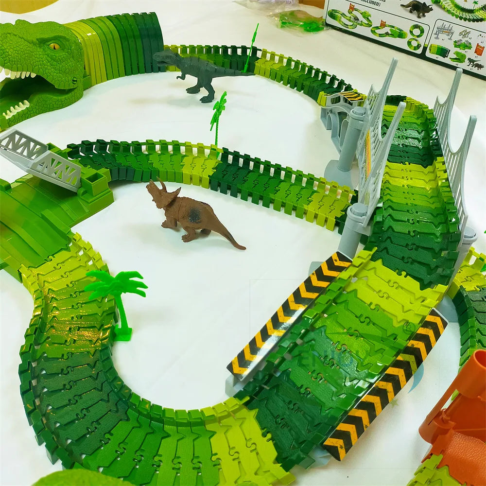 156pcs Dinosaur Railway Car Track Toy Set DIY Assemble Road Race Set with Flexible Track Dinosaur Toys Bridge Ramps Toys for Kid