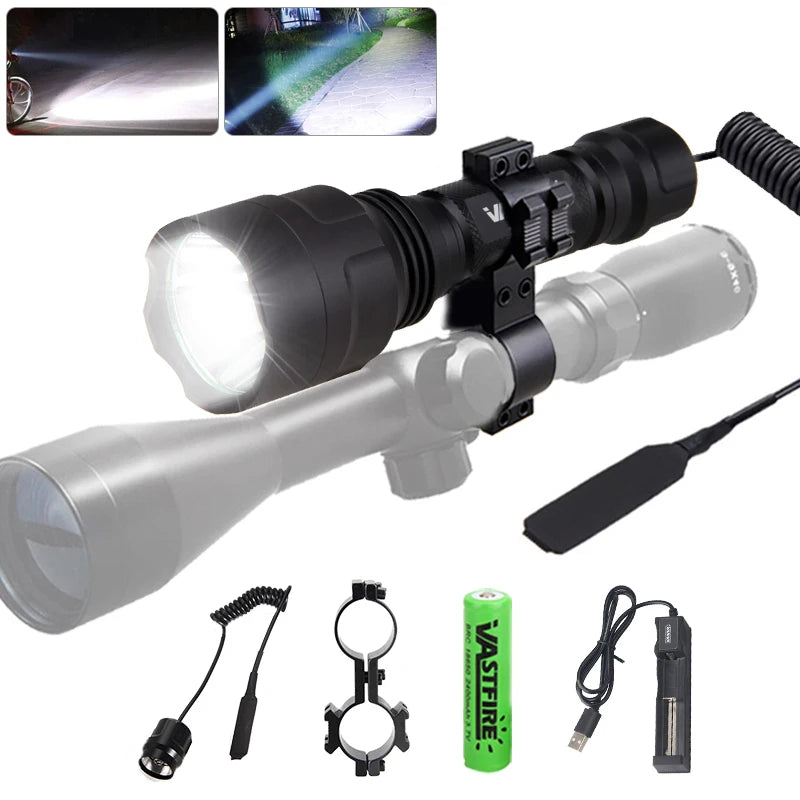 C8 Professional Tactical Flashlight Green/Red/White LED Hunting Torch 1-Mode Torch+18650+Charger+Remote Switch+Rifle Scope Mount