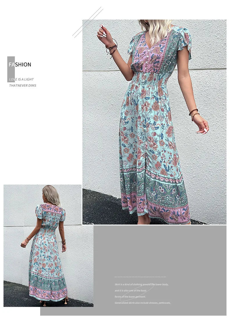 Vintage Floral Boho Printed Vestidos Women Short Sleeves V Neck Slit Midi Dresses A Line Bohemian Summer Beach Dress