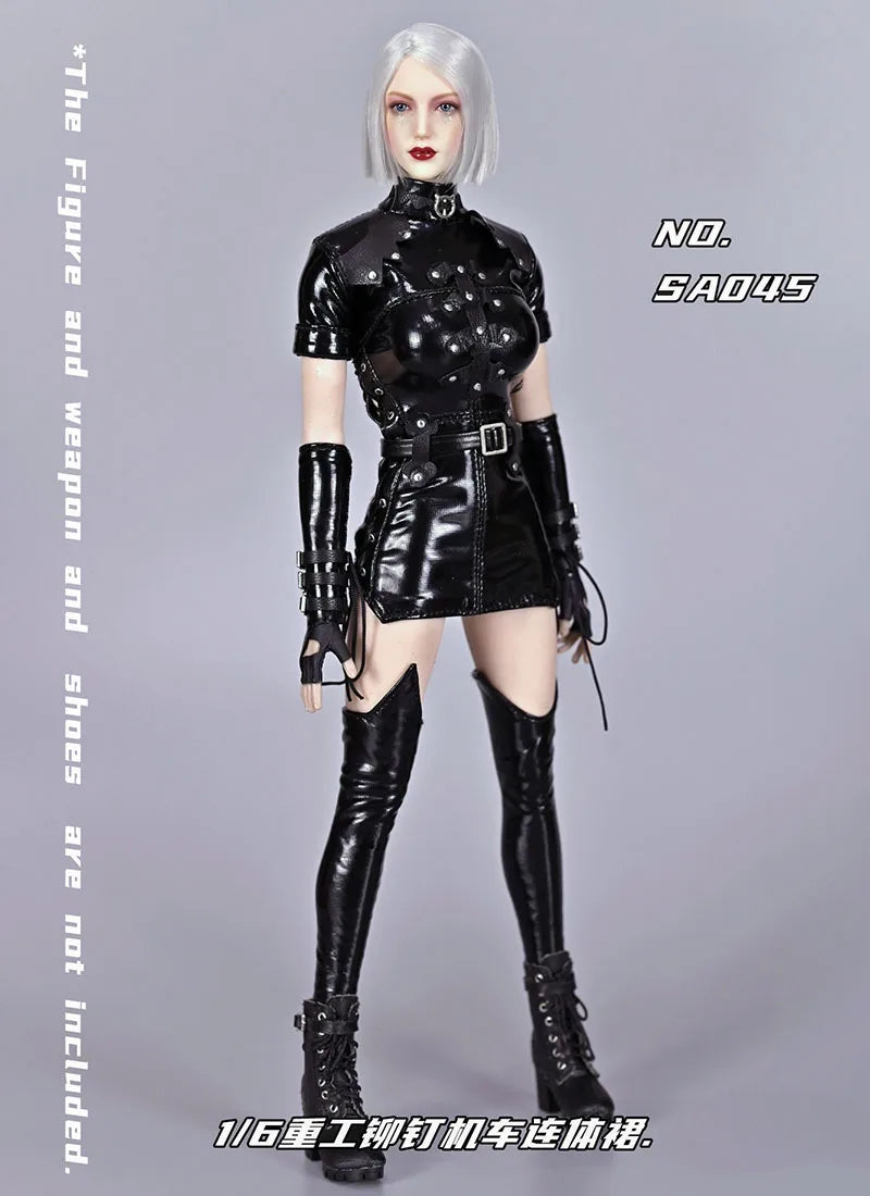 Sa045 1/6 Women Soldier Skirt Motorcycle Suit Goth Leather Vintage Women Skirt Black Lace-Up Dress For 12" Action Figure Body