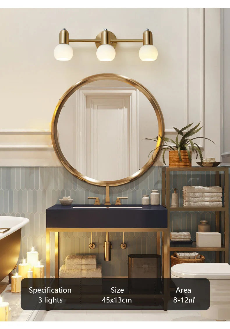 Luxury Nordic Mirror Headlight Bathroom Vanity Wall Lamp Simple Bathroom Makeup Mirror Cabinet Copper Led Lighting