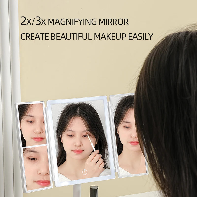 Foldable Makeup Mirror with LED Light 3 Tone Lights Desktop Vanity Mirror 2X/3X Magnifying 360° Adjustable Rechargeable