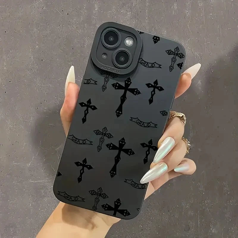 Phone Case For iPhone 16 15 14 11 12 13 Pro Max Mini 7 8 Plus X XR XS Max SE 2020 2022 Black Cross Print Shockproof Soft Cover