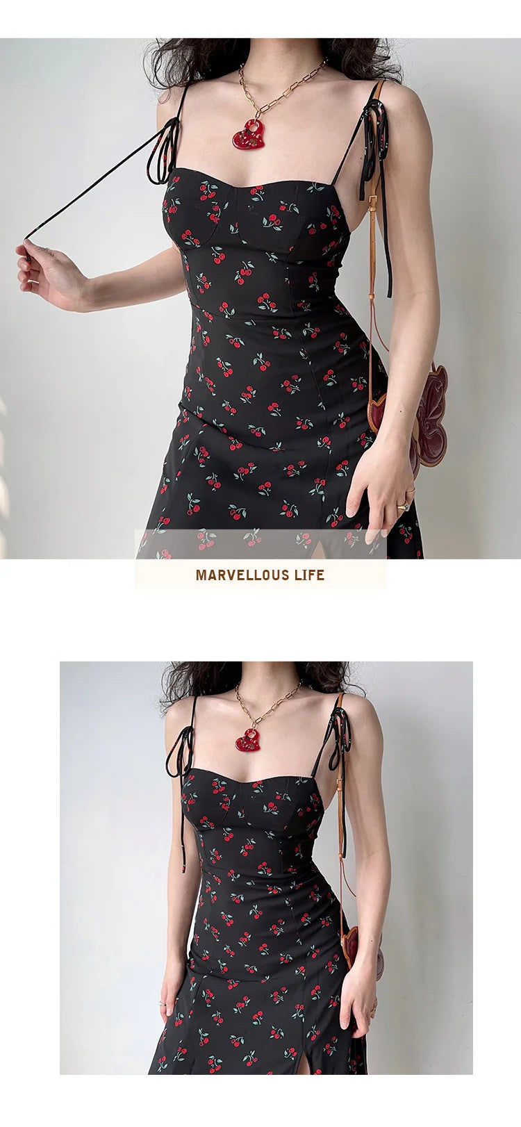 TVVOVVIN European and American Slim Fit Shoulder Lace Up Side Split Cherry Print Strap Dress Women's Sexy Holiday Dress 73Y2