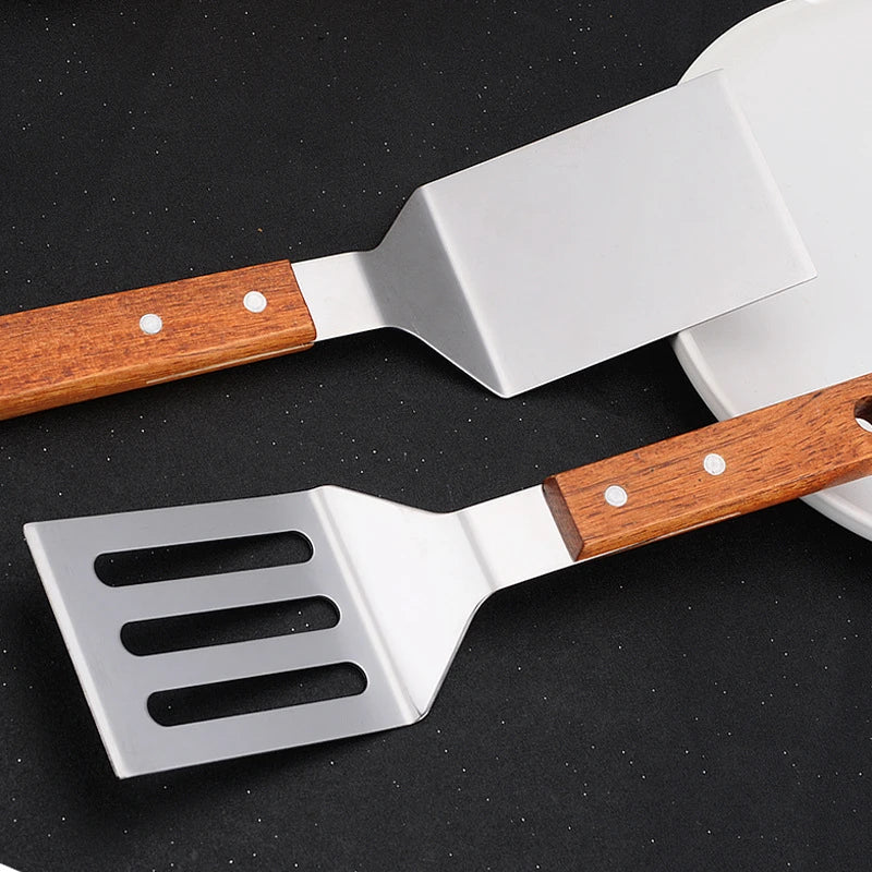 Stainless Steel Wooden Handle Cooking Spatula Steak Pancake Frying Shovel Teppanyaki Scraper Barbecue Tool Kitchen Accessories