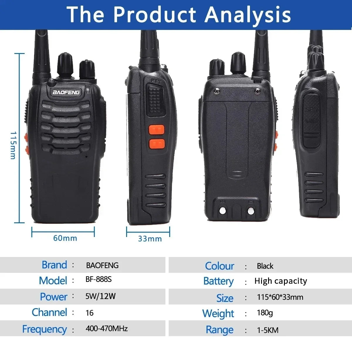 Baofeng Official Store 2Pcs BF 888S Walkie Talkie UHF 400 470MHz Long Range Two Way Ham Radios Transceiver for Hunting Hotel