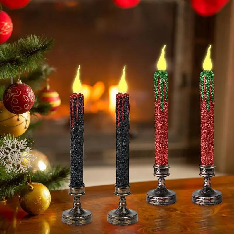 2pcs Halloween Decor Flameless Candles Halloween Candles LED Lighted Lamp Taper Candle Vampire Tears Black Candles With Bases