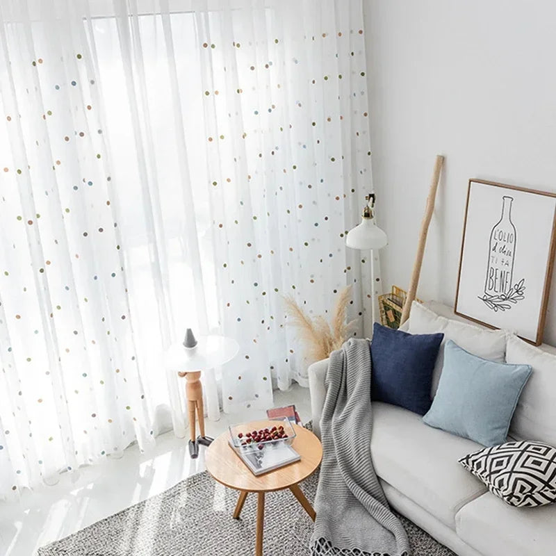 Colorful Dots Embroidered White Tulle Curtain for Kids Bedroom Living Room Modern Linen Sheer Voile Window Screen Panel ZH035H