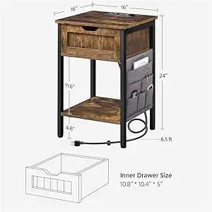 Wood Bedside Table with Drawer&Shelf,Bedside Cupboard with 2USBOutlets,Steel-Framed Bedside Cabinet with Storage Bag for Bedroom