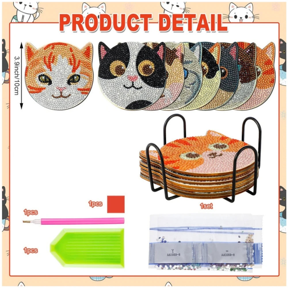 8 PCS Cat Diamond Art Coasters Kit Cartoon Art Painting Coasters With Holder DIY Art Craft Supplies For Beginners