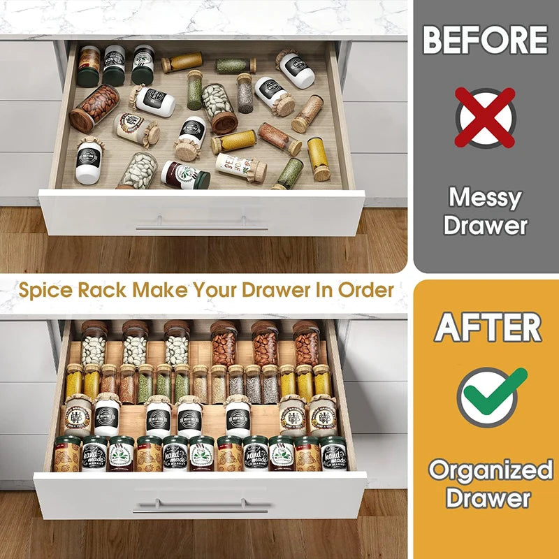 Bamboo Spice Rack Tray Jars Spice Drawer Organizer for Kitchen Cabinets Storage and Organization