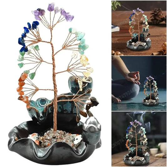 7 Chakra Tree Ceramic Incense Home Decor Healing Crystal Stone Money Tree Incense Burner House Warming Gift for Wealth Good Luck