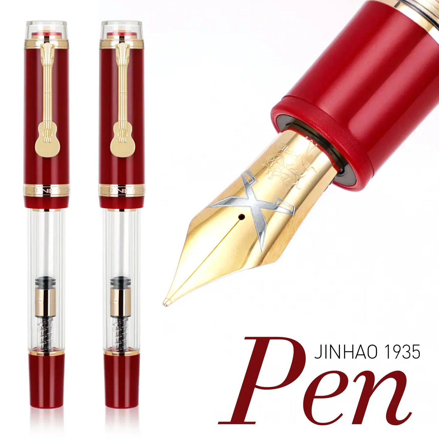 Jinhao 1935 TIANDAO Fountain Pen Guitar Clip 0.5/0.7MM Nib Transparent Red Luxury Writing Ink gift Pens Office School Stationary