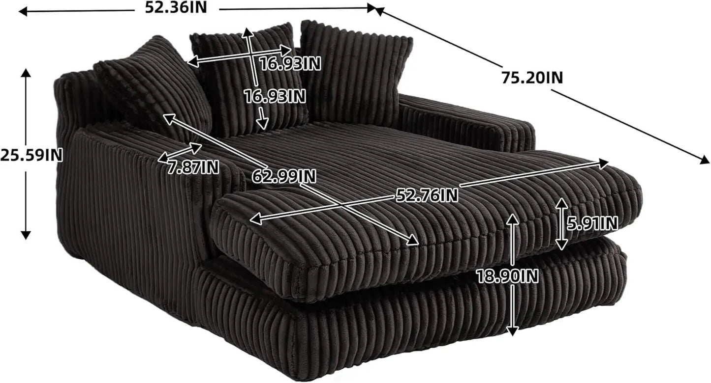 75" Oversized Chaise Lounge Chair Indoor, Corduroy Upholstered Sofa Couch with Throw Pillows, Comfy Sleeper Chair with Deep Seat