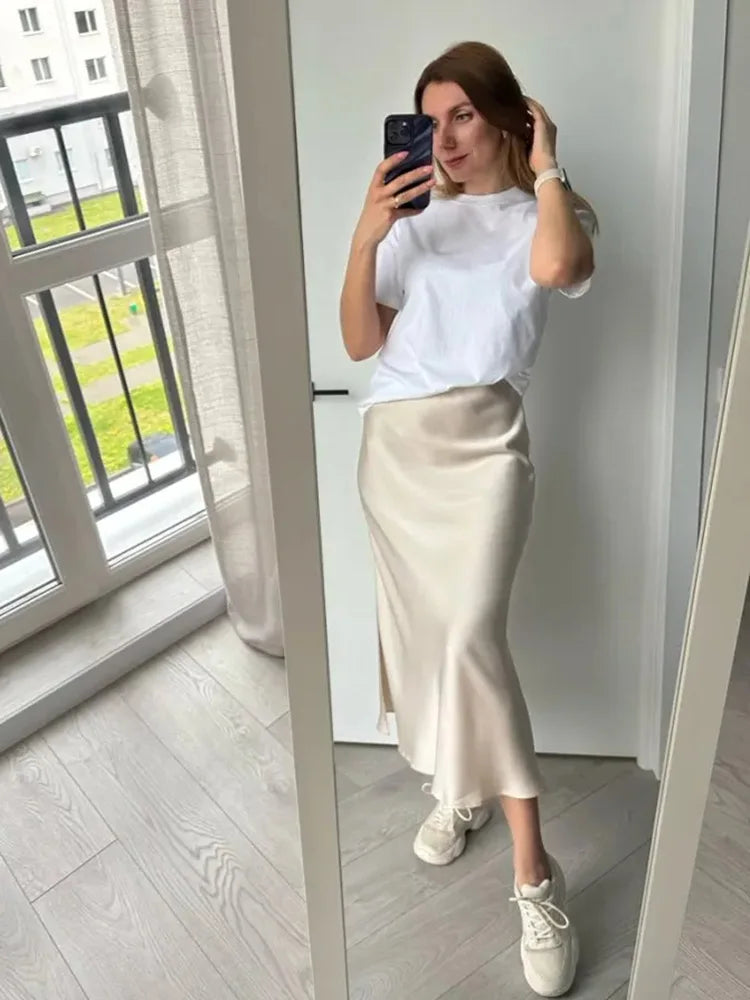 Women Summer Beige Long Skirts Trends 2024 High Waist Maxi Summer Skirt Rayon Silk Pencil Side Slit Satin Skirts For Women