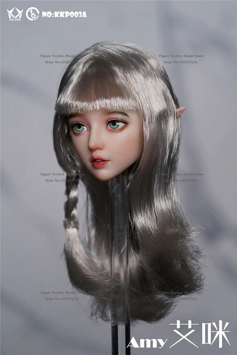 In Stock KID KING KKP003 1/6 Scale Beauty Girl Delicate Head Sculpt Sliver Curl Hair Decoration Model Toys For 12" Female Body