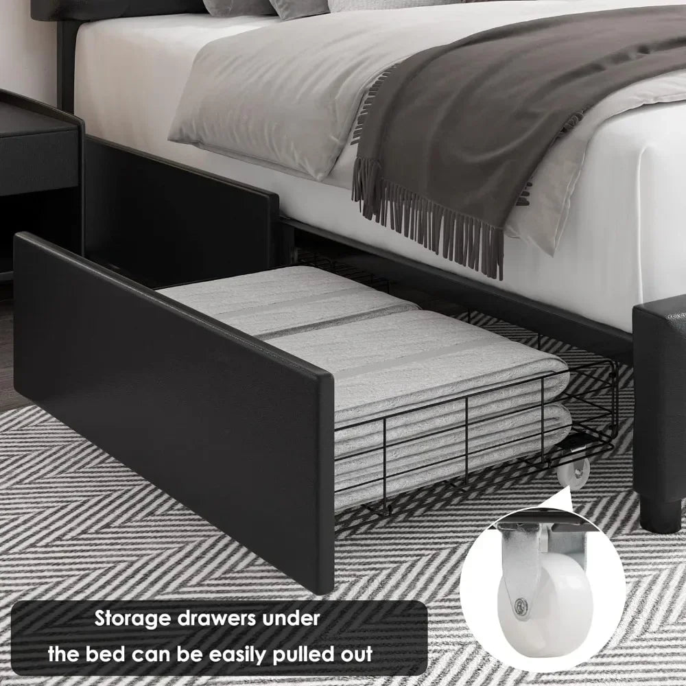 Queen Size Bed, with 4 Storage Drawers, Faux Leather Platform Bed, Solid Wood Slat Support, Modern Upholstered Bed