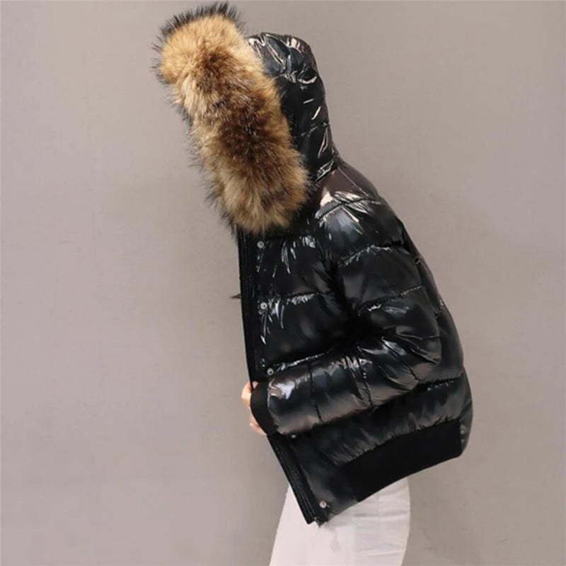 Natural Real Fur Collar Winter Jacket for Women 2022 New Fashion Black Glossy Coat Female Jackets Winter Hooded Parkas