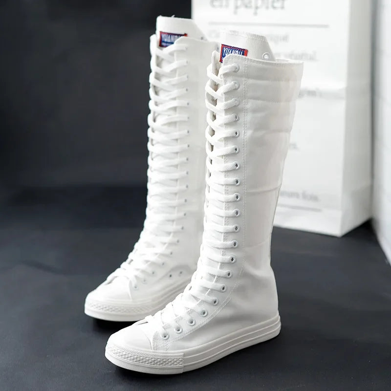 Women Shoe Canvas Spring Autumn  Casual High Top Shoes Long Boot Lace-Up Zipper Comfortable Flat Boot Sneakers Tenis Feminino