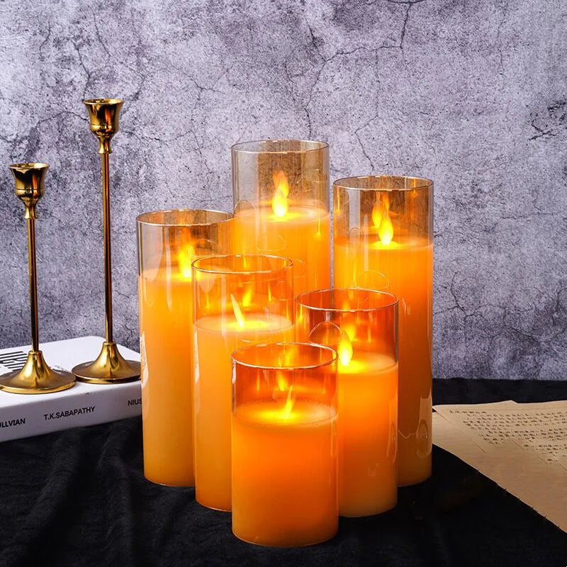 USB Rechargeable LED Flameless Pillar Candle set Flickering Moving Wick Paraffin Real Wax Remote controlled w/Timer Glass Lights