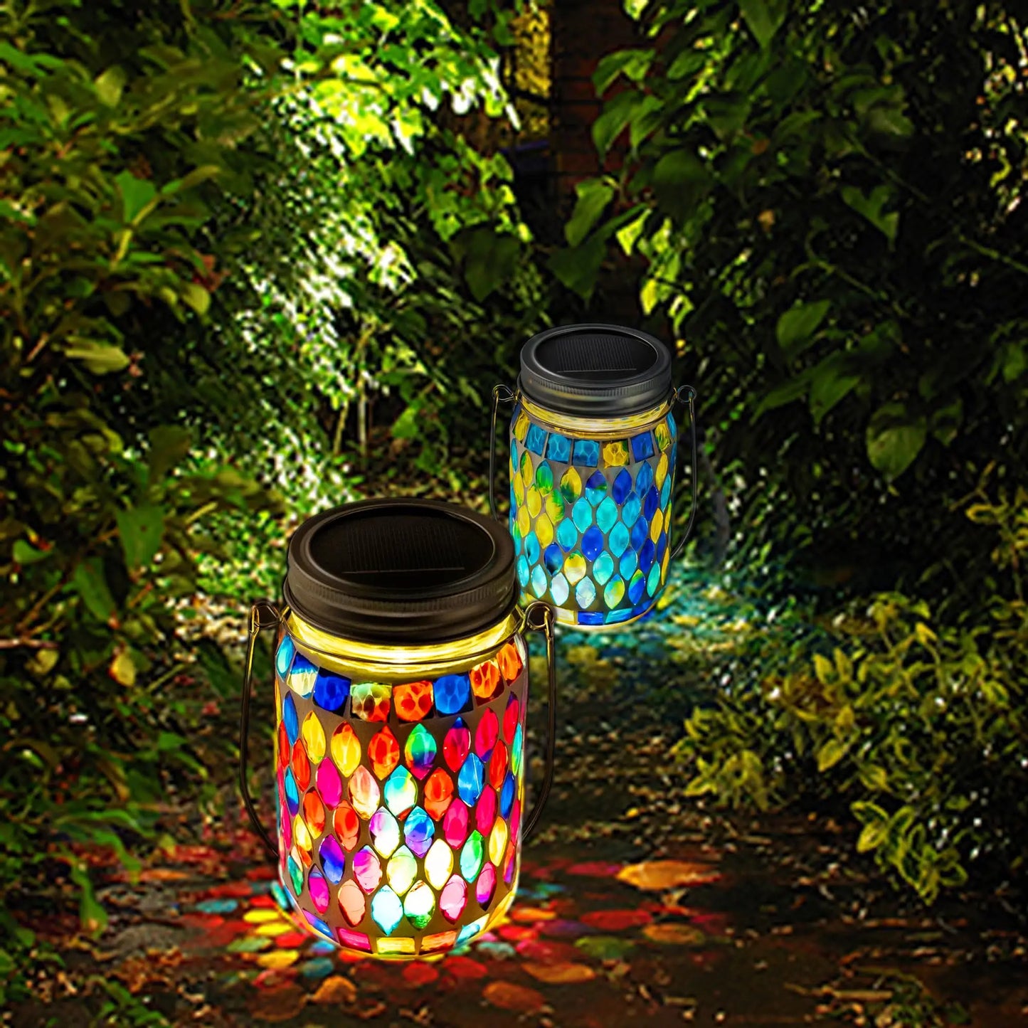 Solar Mosaic Lantern Hanging Mason Jar Glass Lights Outdoor Waterproof Table Lamp Decoration for Garden Patio Party Yard Balcony