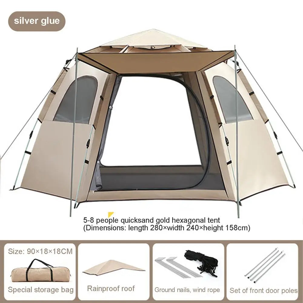 Camping Automatic Tent With Windows Waterproof Pop Up Dome Tent Portable 5-8 Person hexagonal tent with Canopy for camping