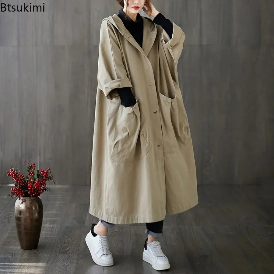 New 2024 Ladies Hooded Trench Coats Solid Loose Single-breasted Long Jacket for Daily Wear Women Windbreaker Casual Outerwear